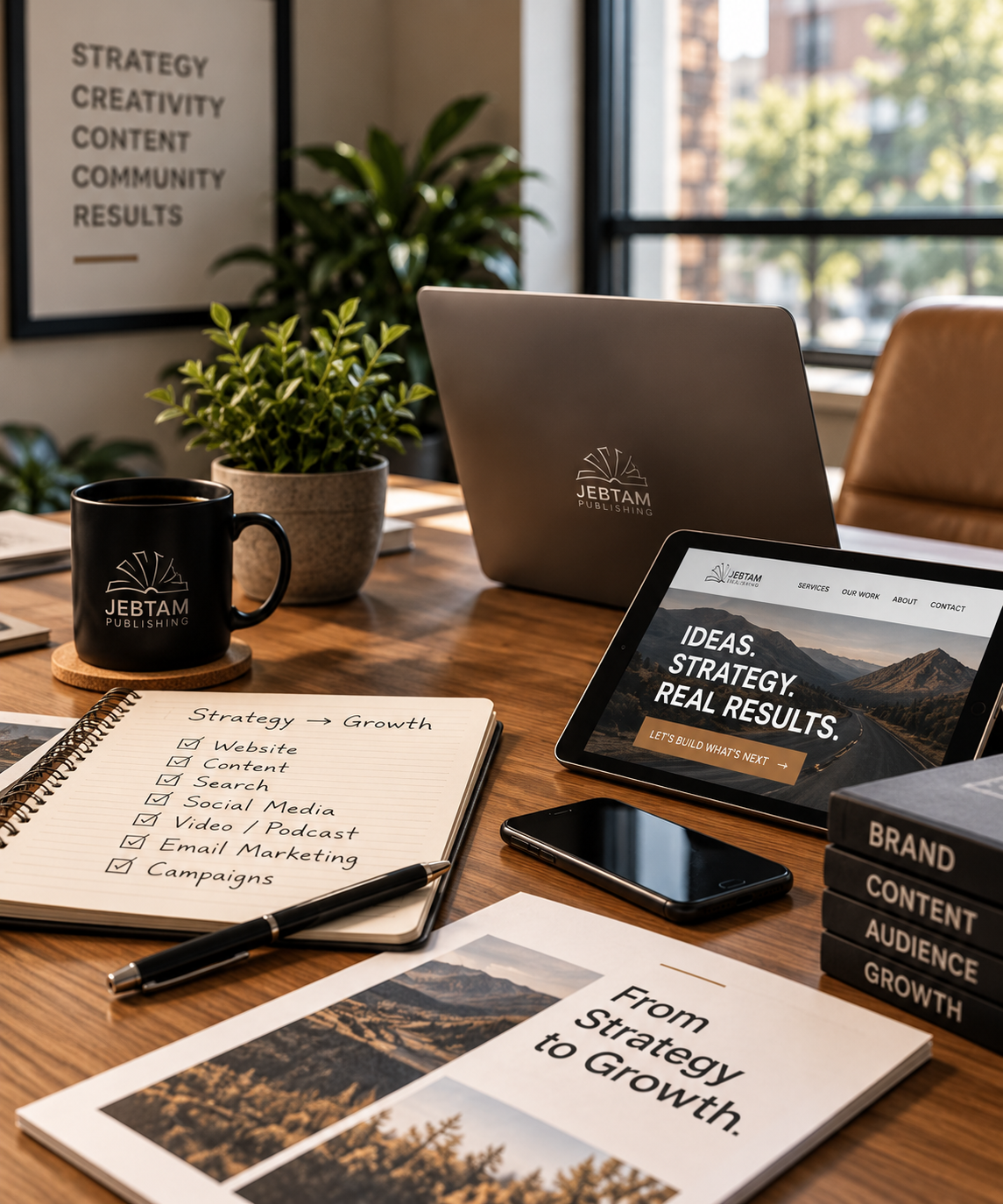 JEBTAM digital strategy workspace bringing website, content, search, social media, video and marketing together